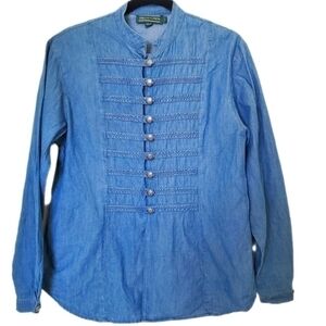 J. Mclaughlin Women's Military Blue Chambray Cotton Long Sleeve Denim Shirt